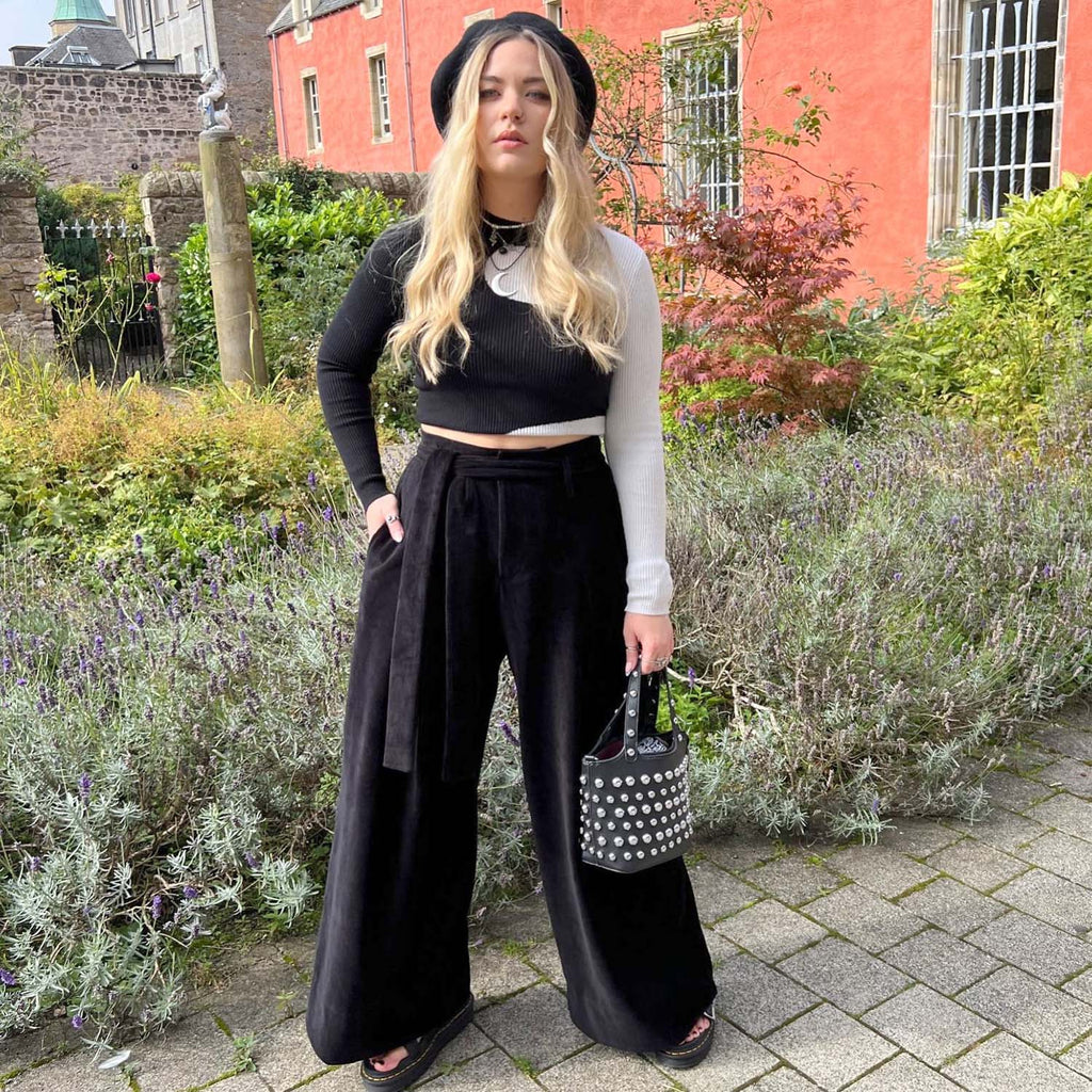 Wide Leg Cord Tailored Trousers - Black